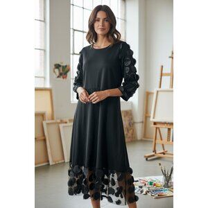 NEW Black Evening Dress Womens XL Sheer Sleeves Leaf Appliques Holyday Party
